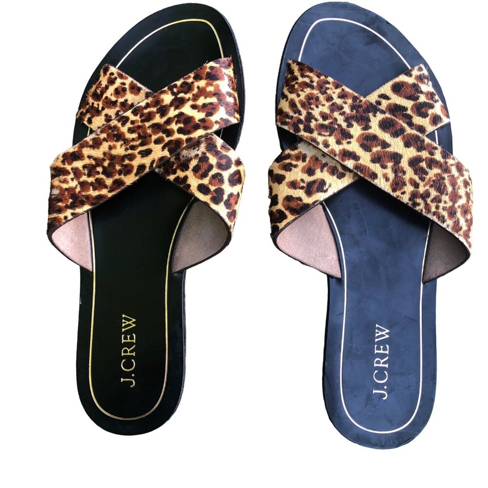 J Crew Leopard Print Cross Strap Sandals Size 7 Leather Slides Flip Flops NOTE